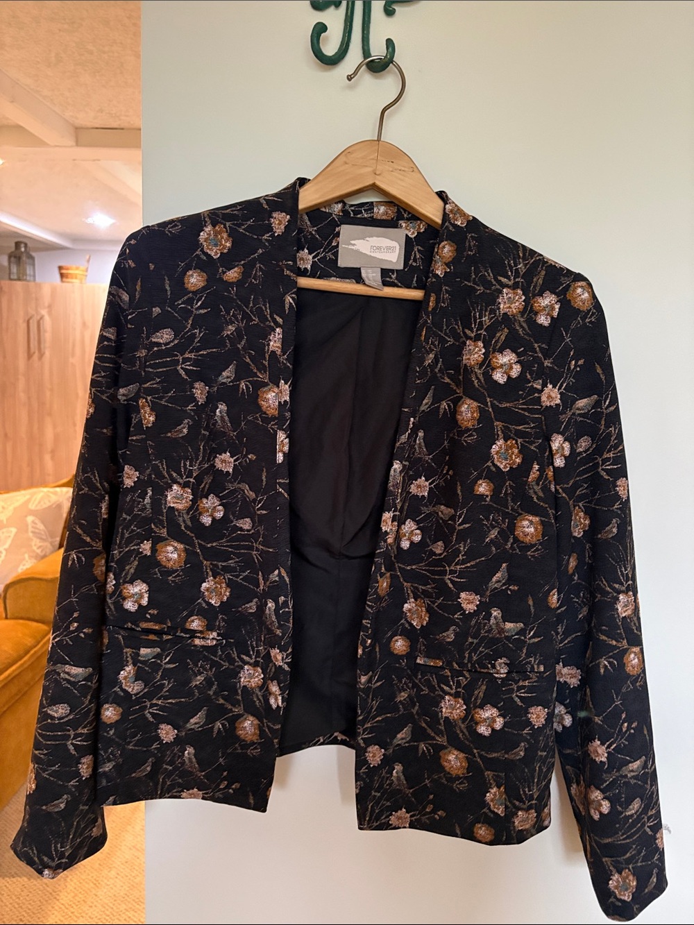 Forever 21 Black Floral Metallic Accent Open Front Blazer